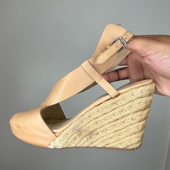3.1 Phillip Lim Tan/Cream Leather Peep Toe Espadrille Wedges Size 8 - Picture 10 of 16